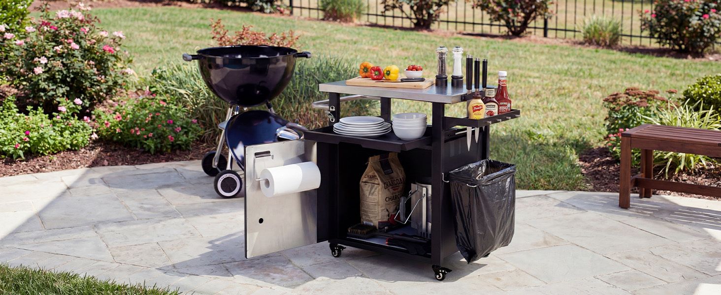 K&K 39.5" Outdoor Grill Cart with Storage Cabinet, Outdoor Bar Cart Pizza Oven Table with Wheels, Stainless Steel Top, Outdoor Kitchen Island with Spice & Paper Rack for BBQ, Waterproof Cover Included