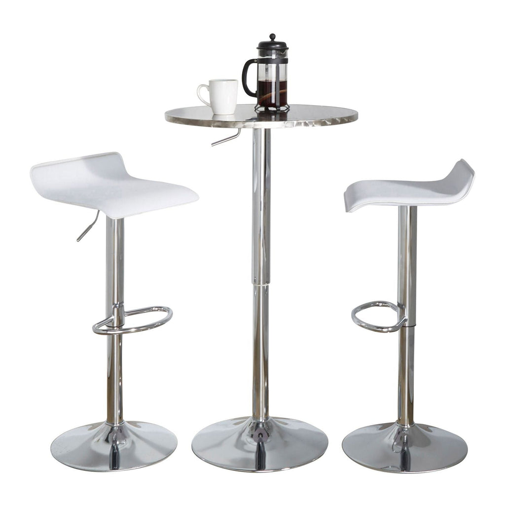 Bistro Round-Ale Contemporary Adjustable Bar Set in Silver and Chrome Metal with White PVC and Oval Footrest by - 3 Piece