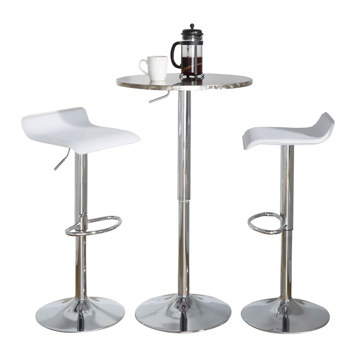 Bistro Round-Ale Contemporary Adjustable Bar Set in Silver and Chrome Metal with White PVC and Oval Footrest by - 3 Piece