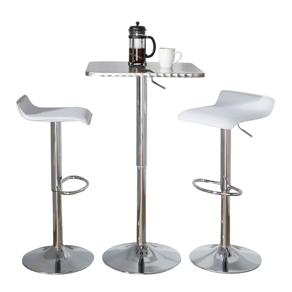 Bistro Square-Ale Contemporary Adjustable Bar Set in Silver and Chrome Metal with White PVC and Oval Footrest by - 3 Piece