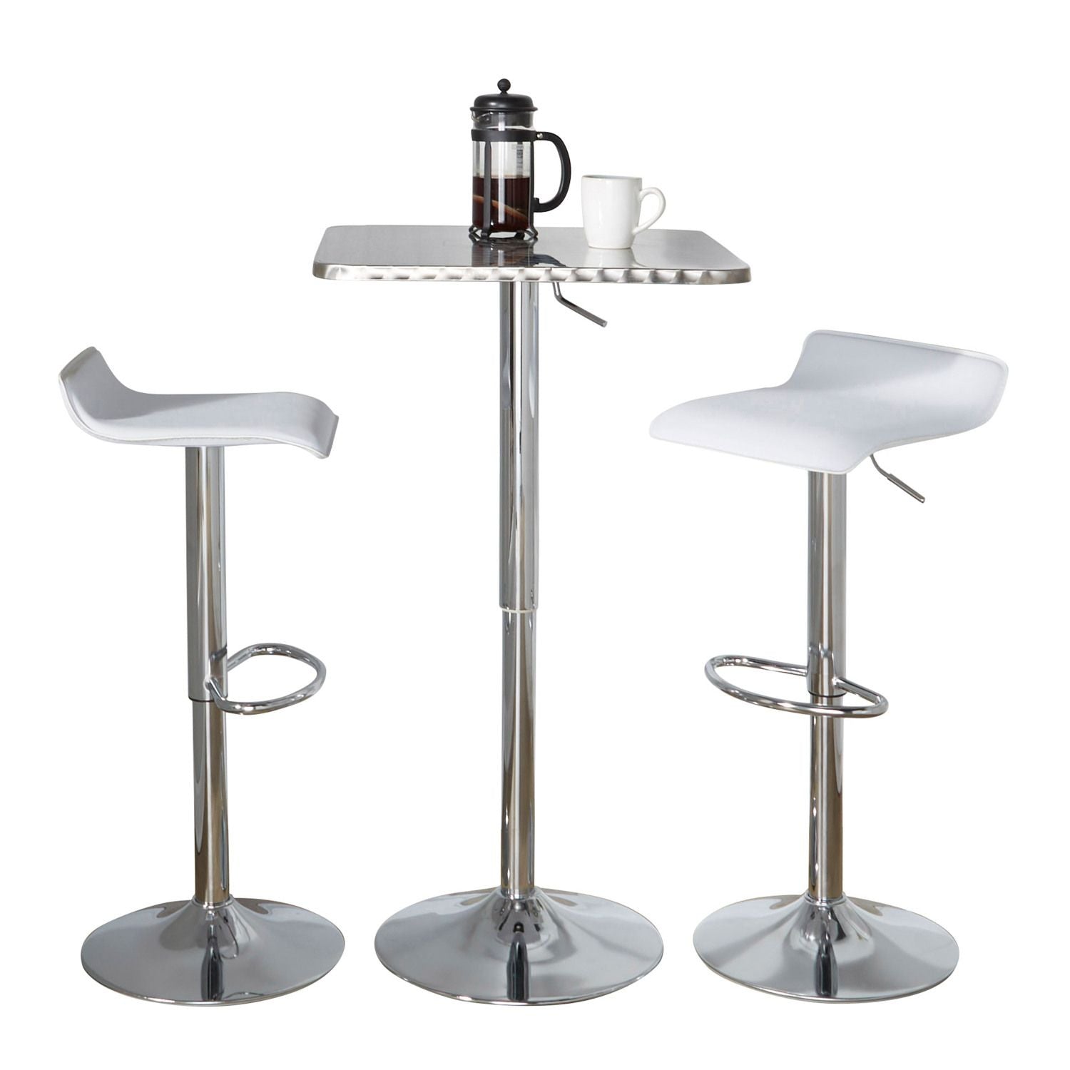Bistro Square-Ale Contemporary Adjustable Bar Set in Silver and Chrome Metal with White PVC and Oval Footrest by - 3 Piece