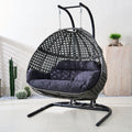 Double Wicker Swing Egg Chair,  All-Weather Rattan Hanging Hammock Chair for Home Bedroom Patio Balcony,Black&Grey