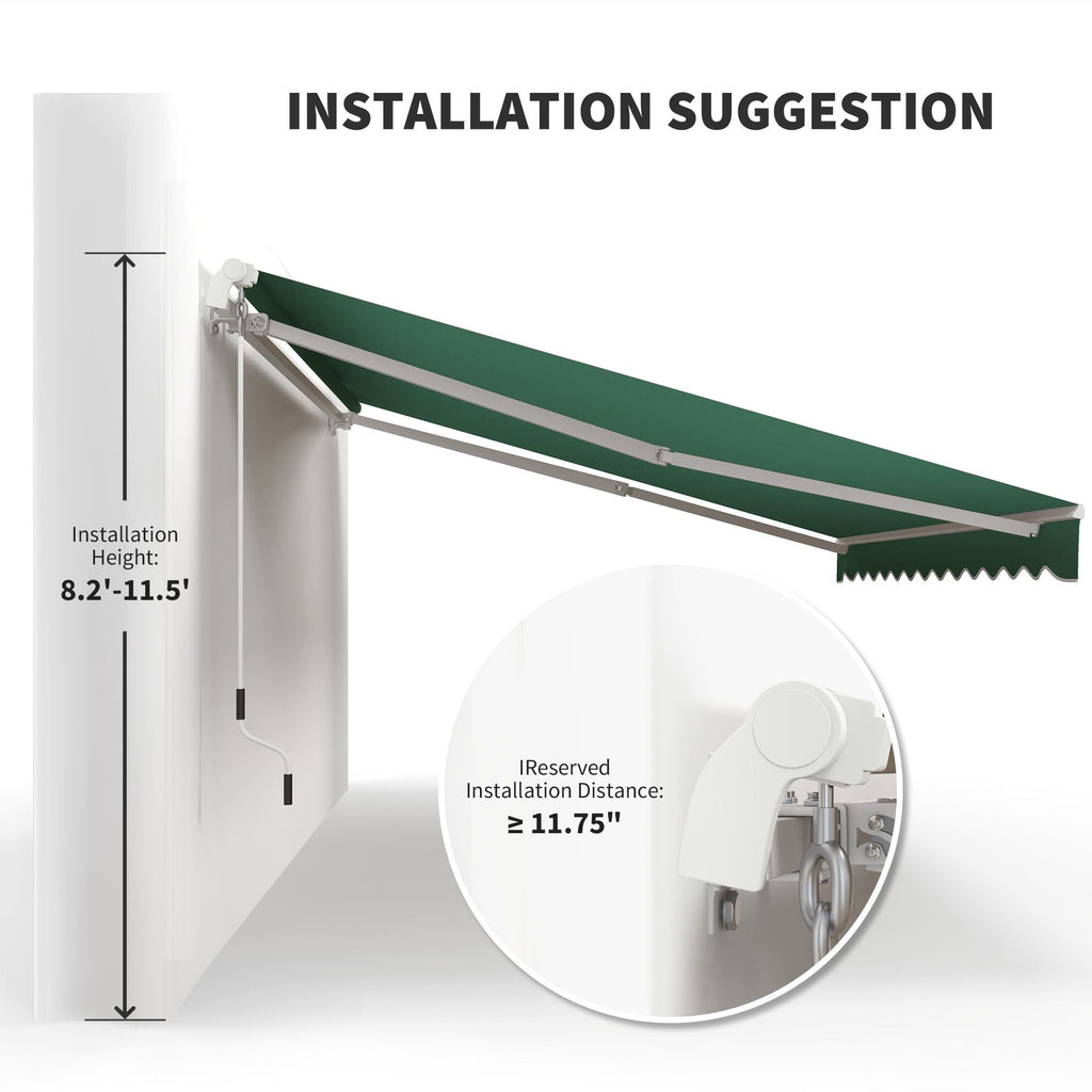 Outsunny 12x10 Manual Retractable Patio Awning, Adjustable Outdoor Sunshade Shelter for Patio, Balcony, Yard, Green