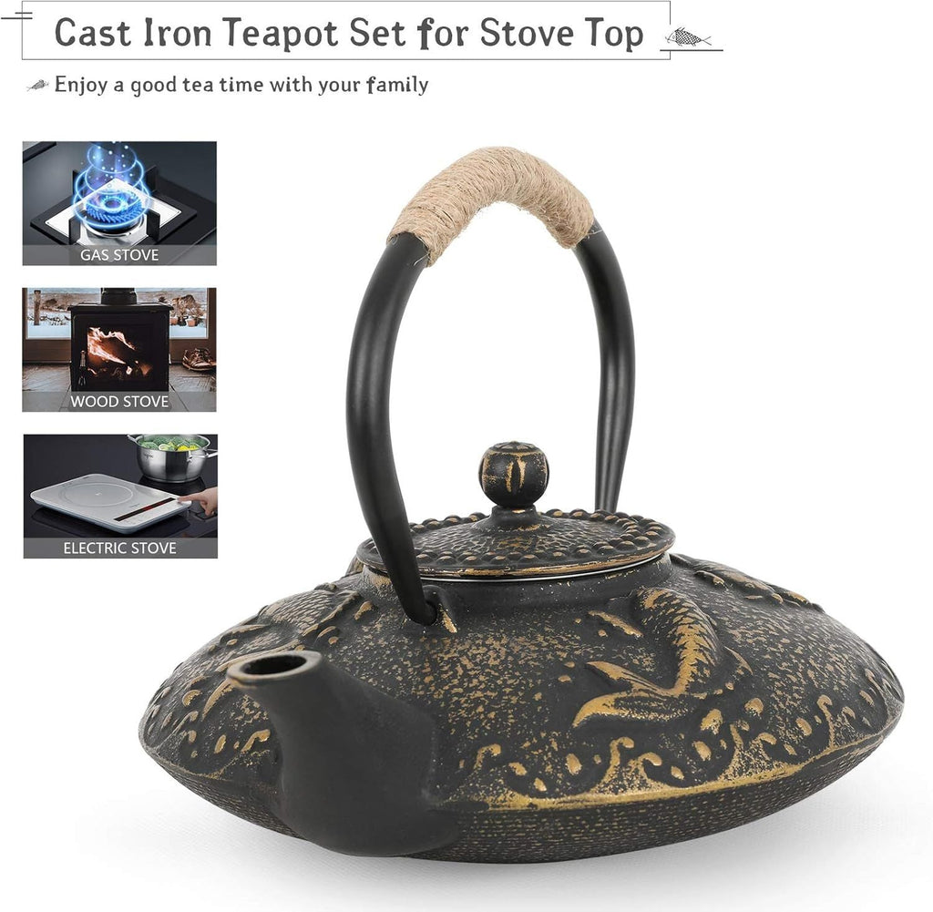 Koi Fish Cast Iron Teapot Set Stove Top Tea Kettle with 4 Cups Japanese Style Tea Gift Set, 26 oz with Stainless Steel Infuser