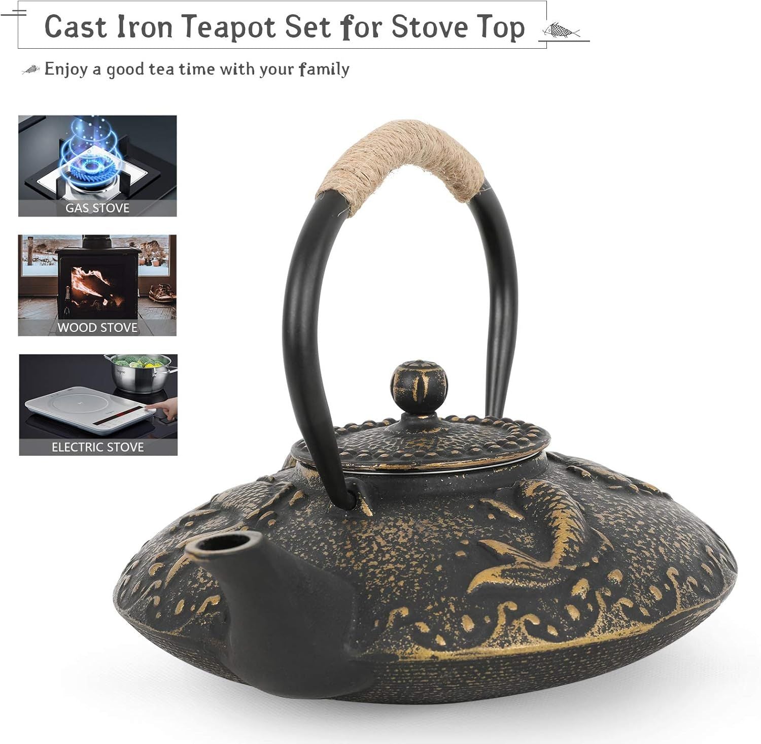 Koi Fish Cast Iron Teapot Set Stove Top Tea Kettle with 4 Cups Japanese Style Tea Gift Set, 26 oz with Stainless Steel Infuser