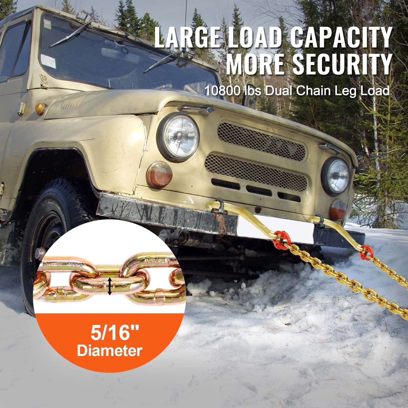 VEVOR G80 V Bridle Chain, 5/16" x 2' Towing Chain Bridle with 15" J Hooks and Grab Hooks, Heavy Duty Transport Tow Chain Bridle with 10800 lbs Safe Working Load for Flatbed Truck Wrecker Recovery