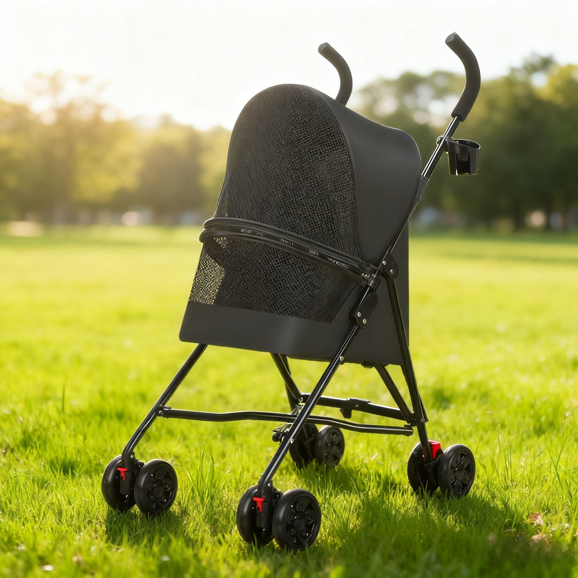 Pet Stroller for Small Dogs Cats with Mesh Ventilation, Lightweight Foldable Design, Cup Holder, Black
