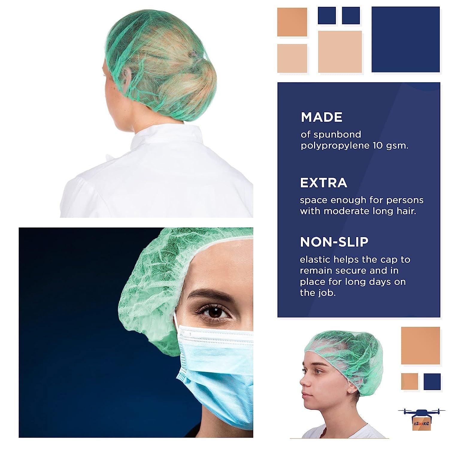 Disposable Hair Net for Men and Women 24", Pack of 100 Green Bouffant Hair Nets with Stretchy Edge, 10 gsm Polypropylene Bouffant Caps Disposable, Breathable Disposable Hair Covers for Nurses