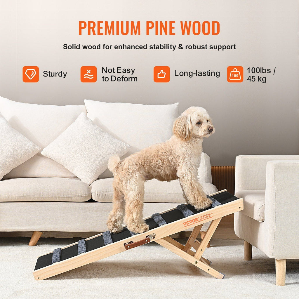 Dog Ramp, Folding Pet Ramp for Bed, Adjustable Dog Ramp for Small, Large, Old Dogs & Cats, Wooden Pet Ramp with 39.3" Long Ramp, Adjustable from 15" to 22", Suitable for Couch, Sofa, Car
