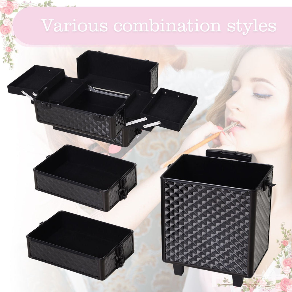 4 in 1 Makeup Train Case Portable Aluminum Rolling Cosmetic Organizer Trolley with Wheels Multiple Compartments Black