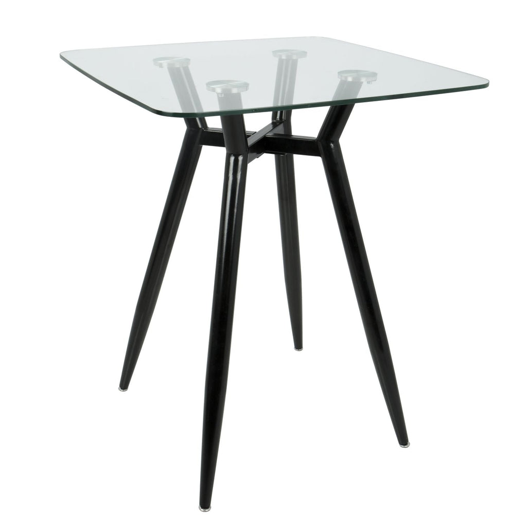 Clara Mid-Century Modern Square Counter Table with Black Metal Legs and Clear Glass Top by
