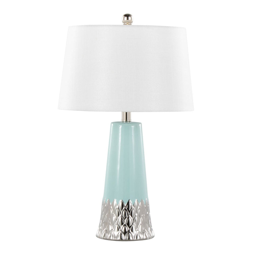 Penelope 22" Contemporary Ceramic Table Lamp with Tiffany Blue & Silver Ceramic Body and White Shade by