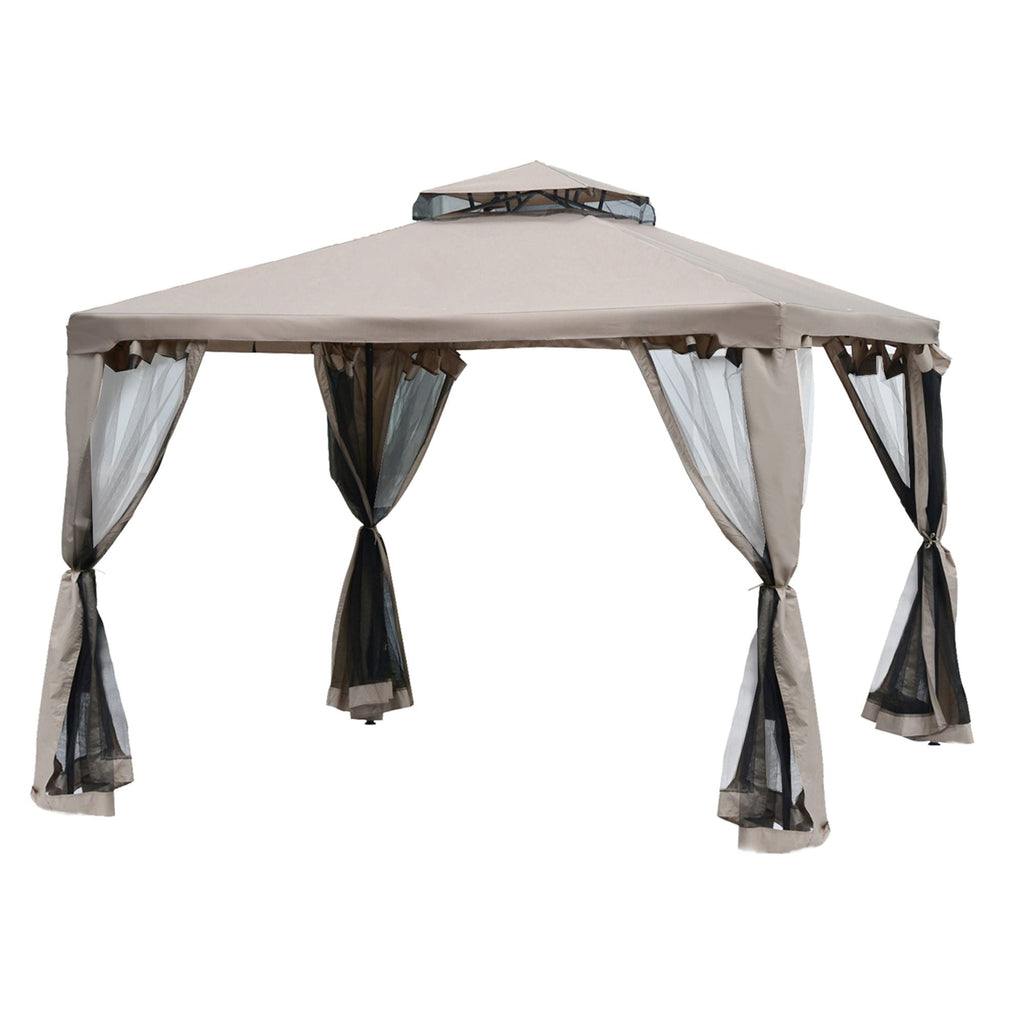 Outsunny 10' x 10' Gazebo Tent, Canopy with Mosquito Netting SideWalls, 2-Tier Vented Roof, Fabric for Garden, Lawn, Backyard, Taupe