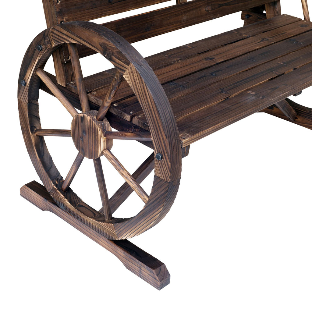 Outsunny Wagon Wheel Bench Rustic 2-Person Outdoor Patio Carbonized Finish with Backrest