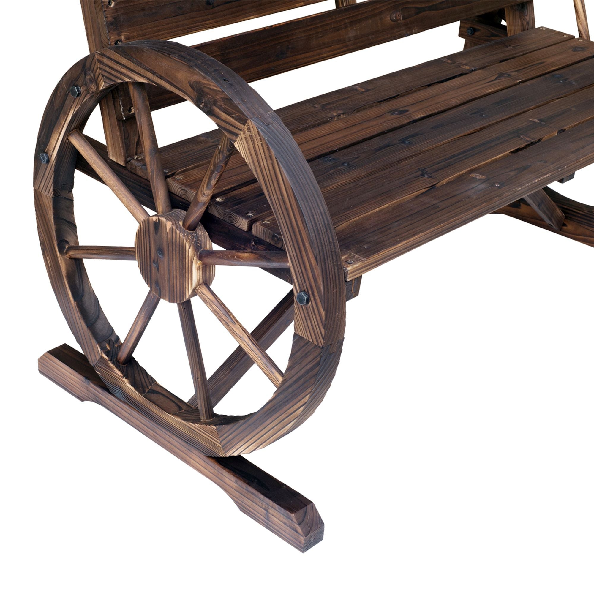 Outsunny Wagon Wheel Bench Rustic 2-Person Outdoor Patio Carbonized Finish with Backrest