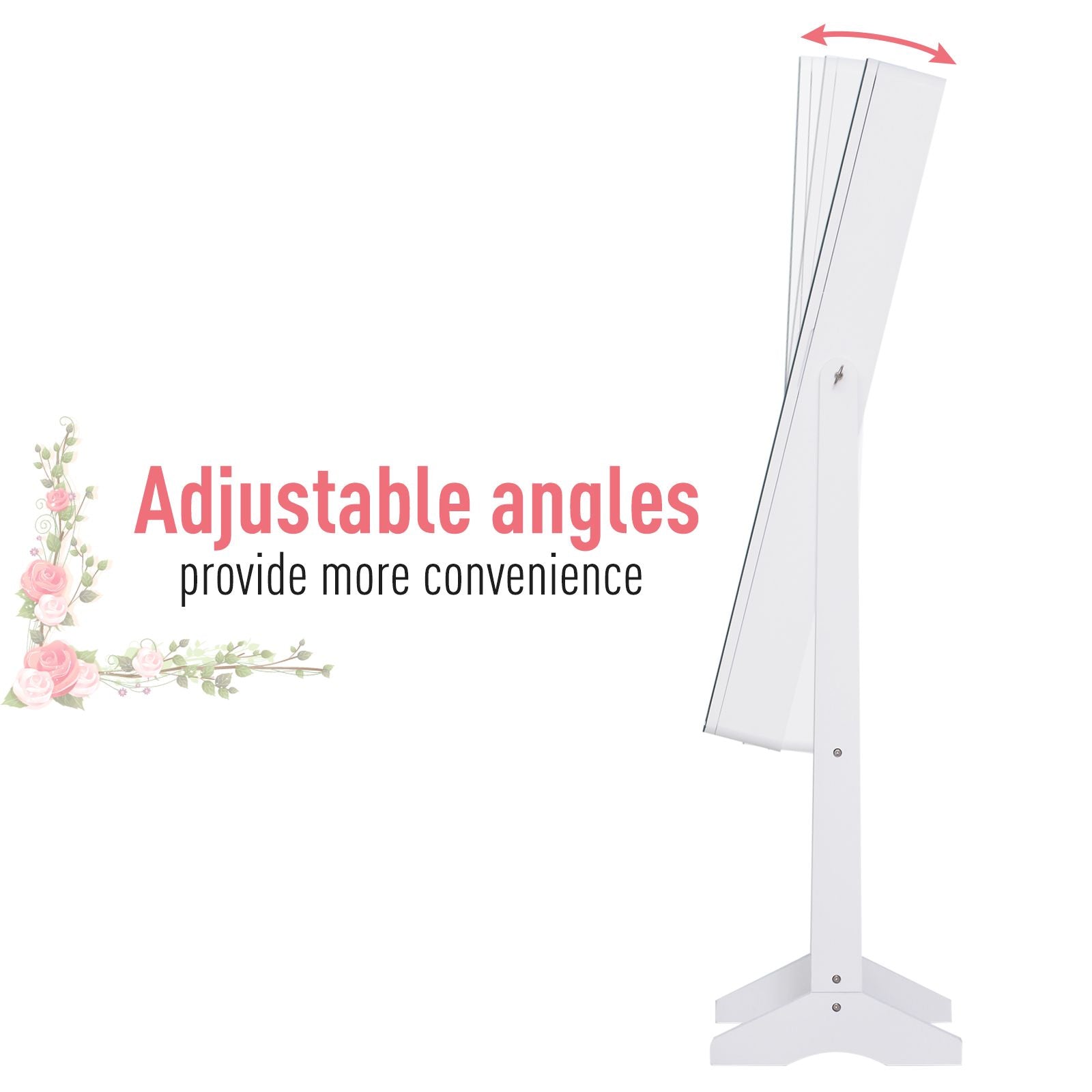Mirrored Jewelry Armoire LED Lights Freestanding Organizer Adjustable Angle Lockable Cabinet White