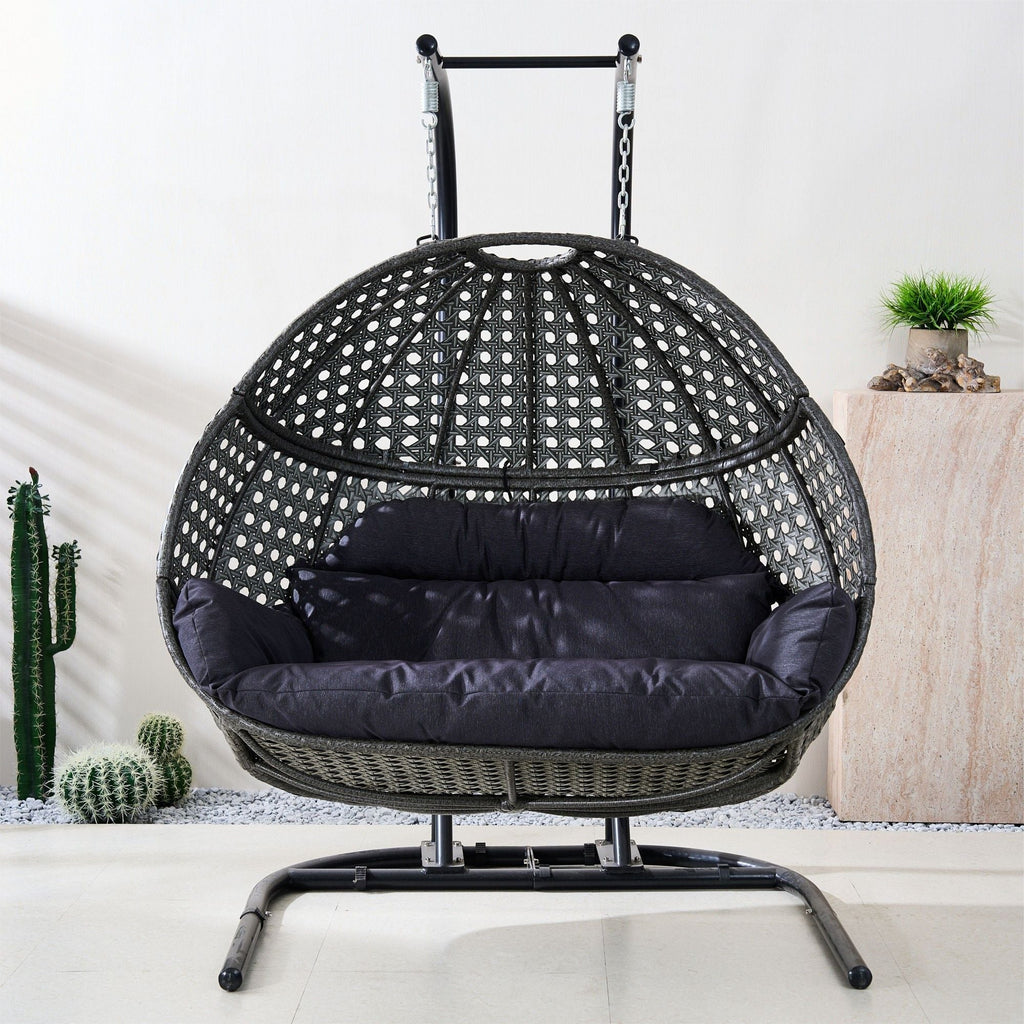 Double Wicker Swing Egg Chair,  All-Weather Rattan Hanging Hammock Chair for Home Bedroom Patio Balcony,Black&Grey
