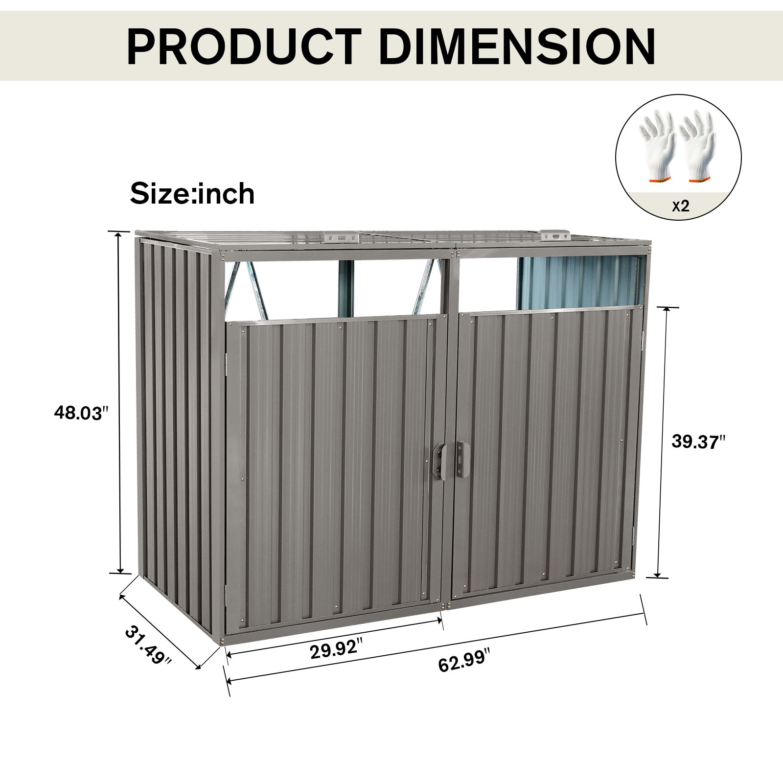 Garbage Bin Shed Stores 2 Trash Cans Metal Outdoor Bin Shed for Garbage Storage,Stainless Galvanized Steel, Bin Shed for Garden Yard Lawn,Grey