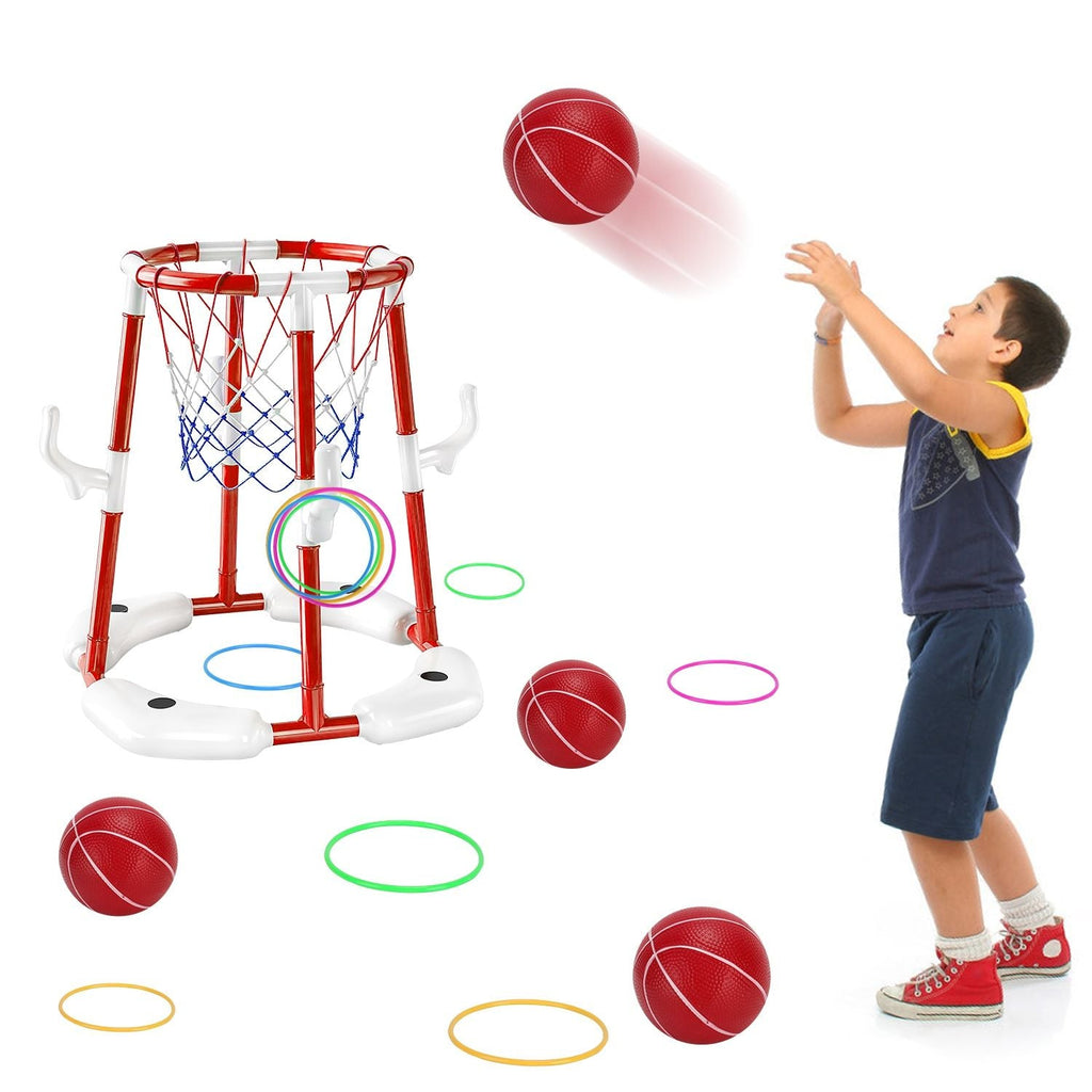 Summer Pool Basketball Hoop Toy Set With 4 Basketballs 4 Circles Pump Floating Swimming Pool Basketball Games Poolside Water Play Toy For 3-12Years Old Kids Adults