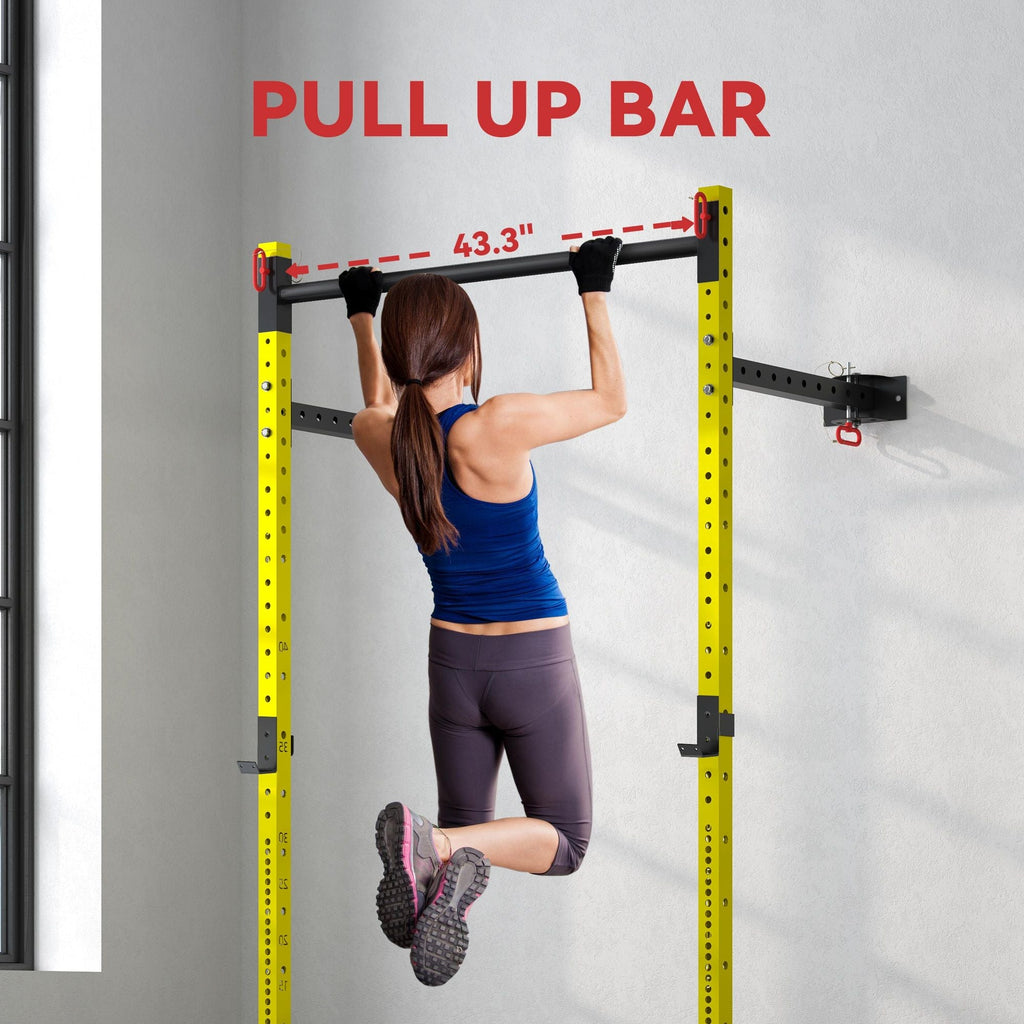 Folding Squat Rack with Pull Up Bar, Wall Mounted and Adjustable, 1000 Pounds Capacity Power Rack, Yellow