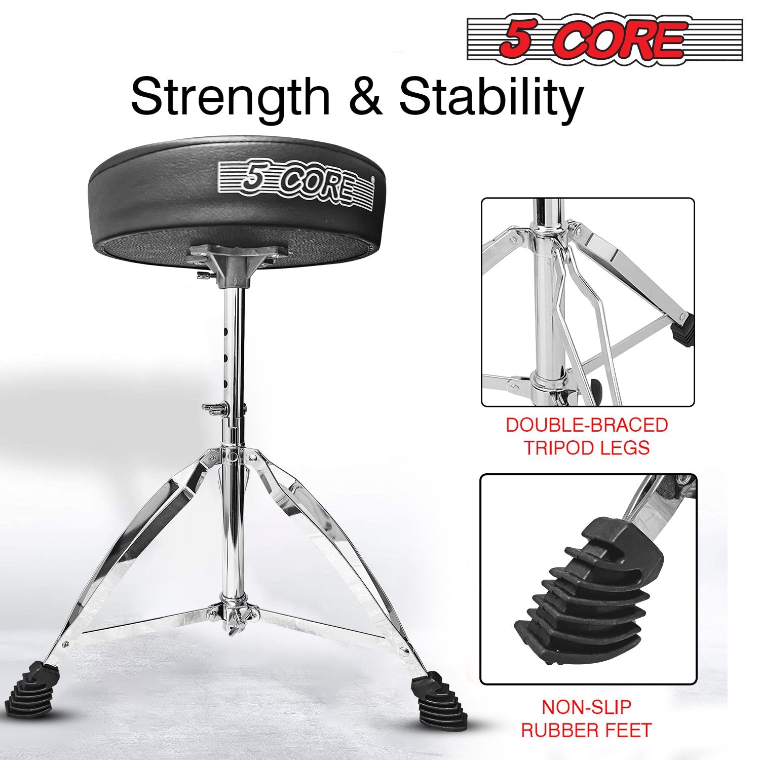 5 Core CHROME PRO Universal Drum Chair Round Padded Seat Throne Drum Stool Stand DS CH BLK