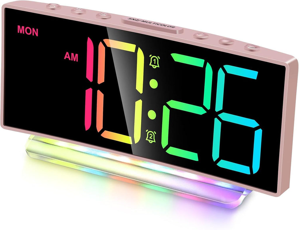 Modern Curved Cute Digital Alarm Clock,Colorful Led Display,Adjustable Volume,Weekday/Weekend Mode,Simple Clock for Bedrooms Bedside,Ok to Wake Up for Girls,Kids,Teens (Pink+Dynamic)