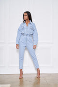 Button Front Pocket Design Long Sleeve Light Blue Jumpsuit