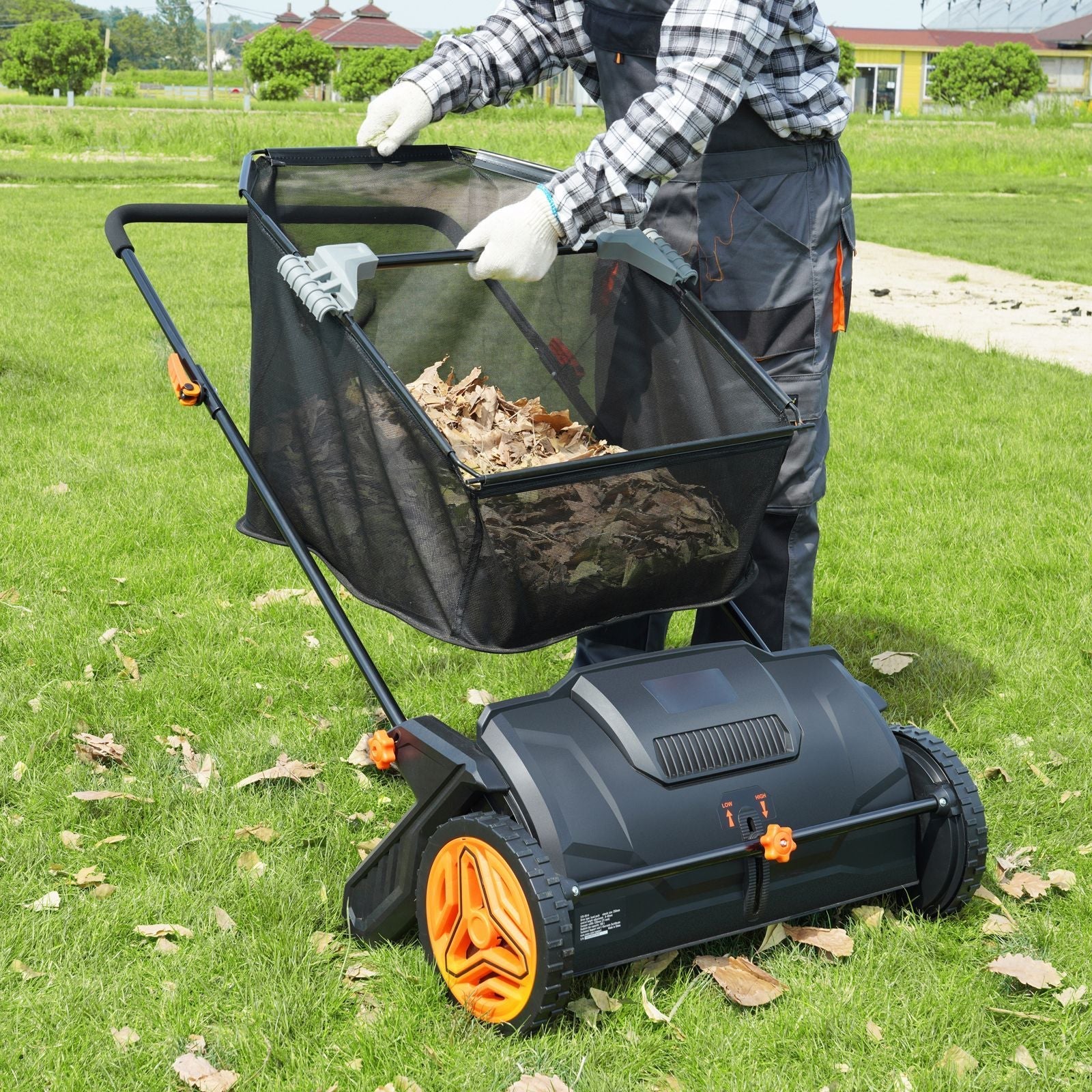 Push Lawn Sweeper, 21inch Leaf & Grass Collector, Strong Plastic Wheels & Heavy Duty Thickened Steel Durable to Use with Large Capacity 3.5 cu. ft. Mesh Collection Hopper Bag, 2 Spinning Brushes