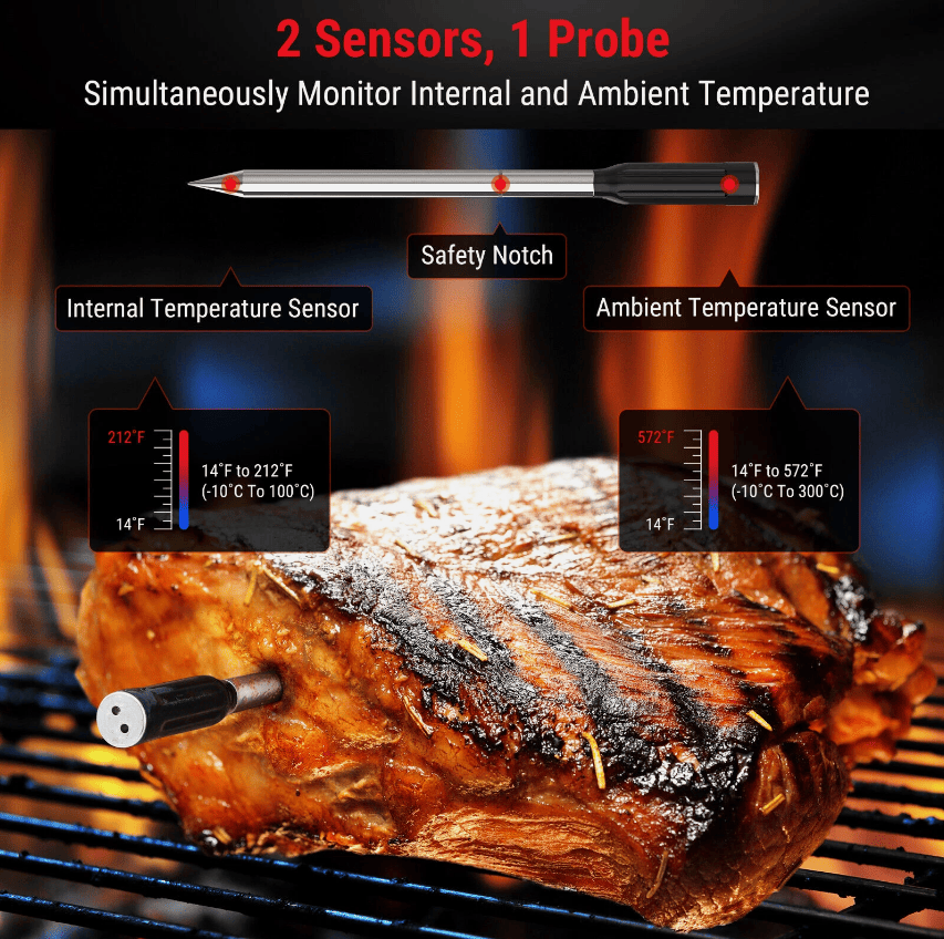 PSJX369 BBQ Meat Thermometer-SUS304 Stainless Steel with Bluetooth 5.2 Connectivity (700ft range), 24-hour battery life, 1-second response time. Features probe temperature display and audible alarm.