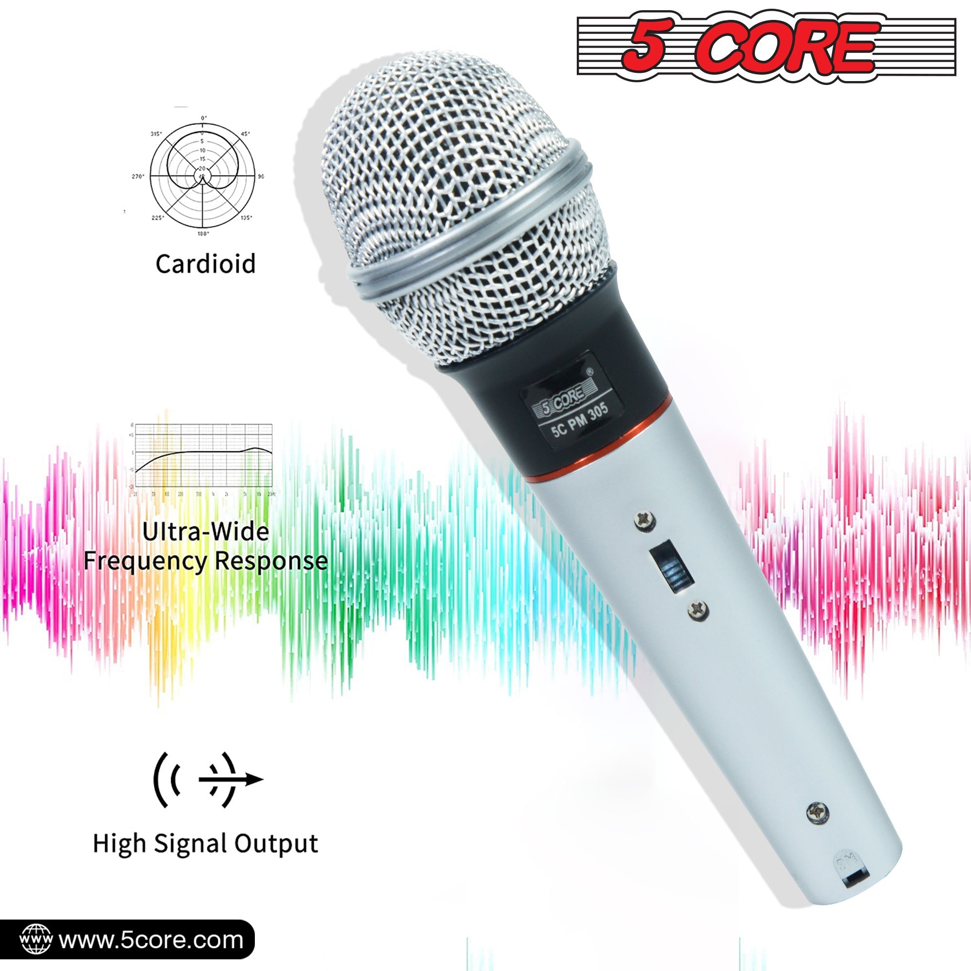 5 Core Microphone Wired Dynamic Vocal Handheld Mic Cardioid Karaoke Unidirectional Microfono w On and Off Switch Includes XLR Audio Cable for Singing, Public Speaking & Parties PM 305
