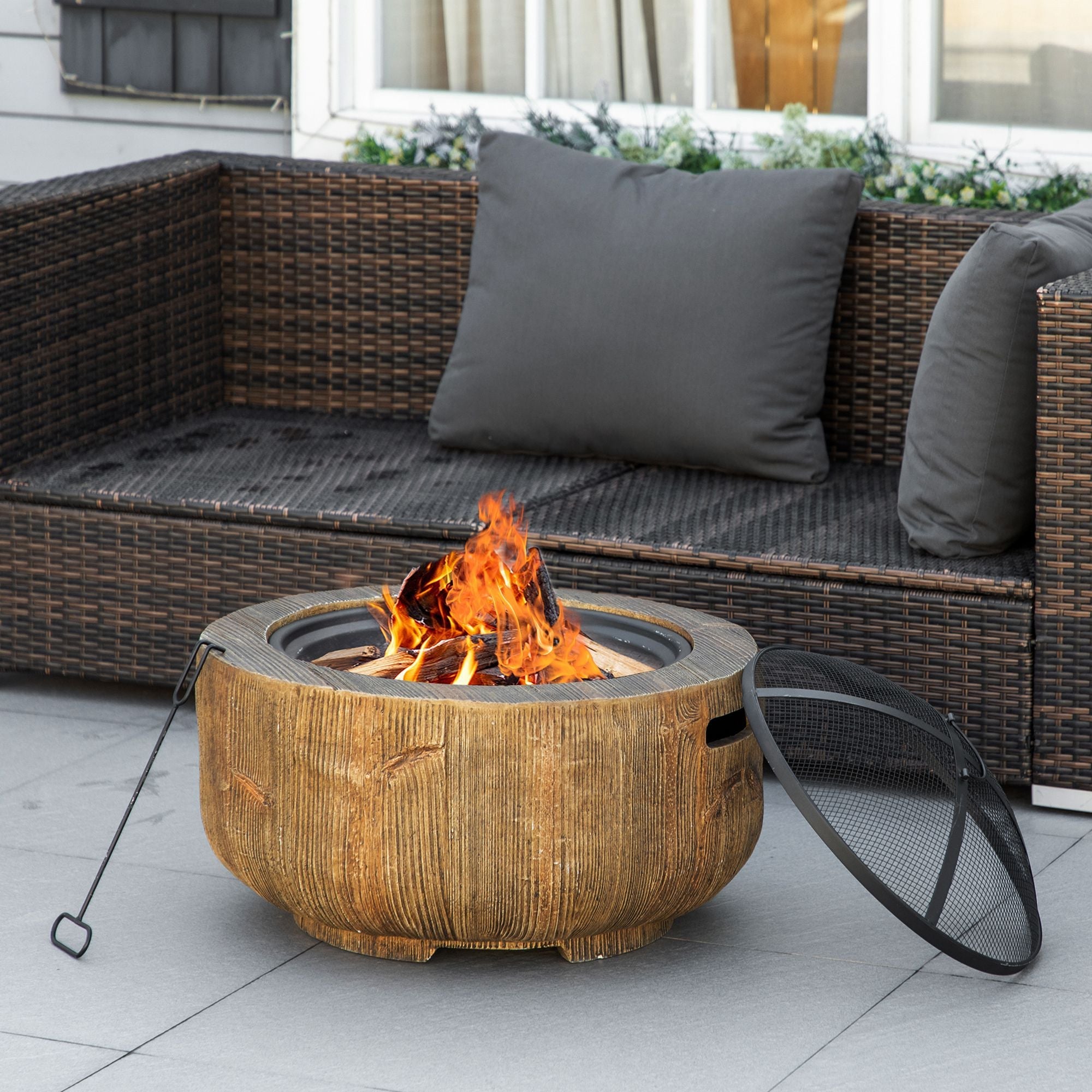 Outdoor Fire Pit, 24 Inch Metal Wood Burning Fireplace with Spark Cover, Poker, Woodgrain Design for Patio, Picnic, Backyard, Light Brown