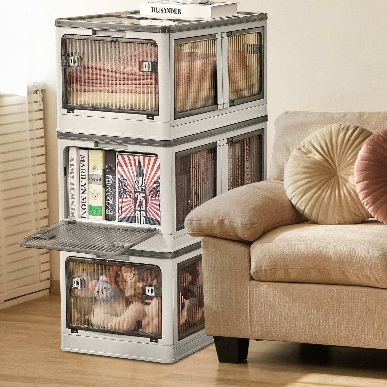 3Pcs Foldable Storage Bins with Lid 4 Doors Collapsible Stackable Closet Organizer Containers with Lock 4Pcs Wheels