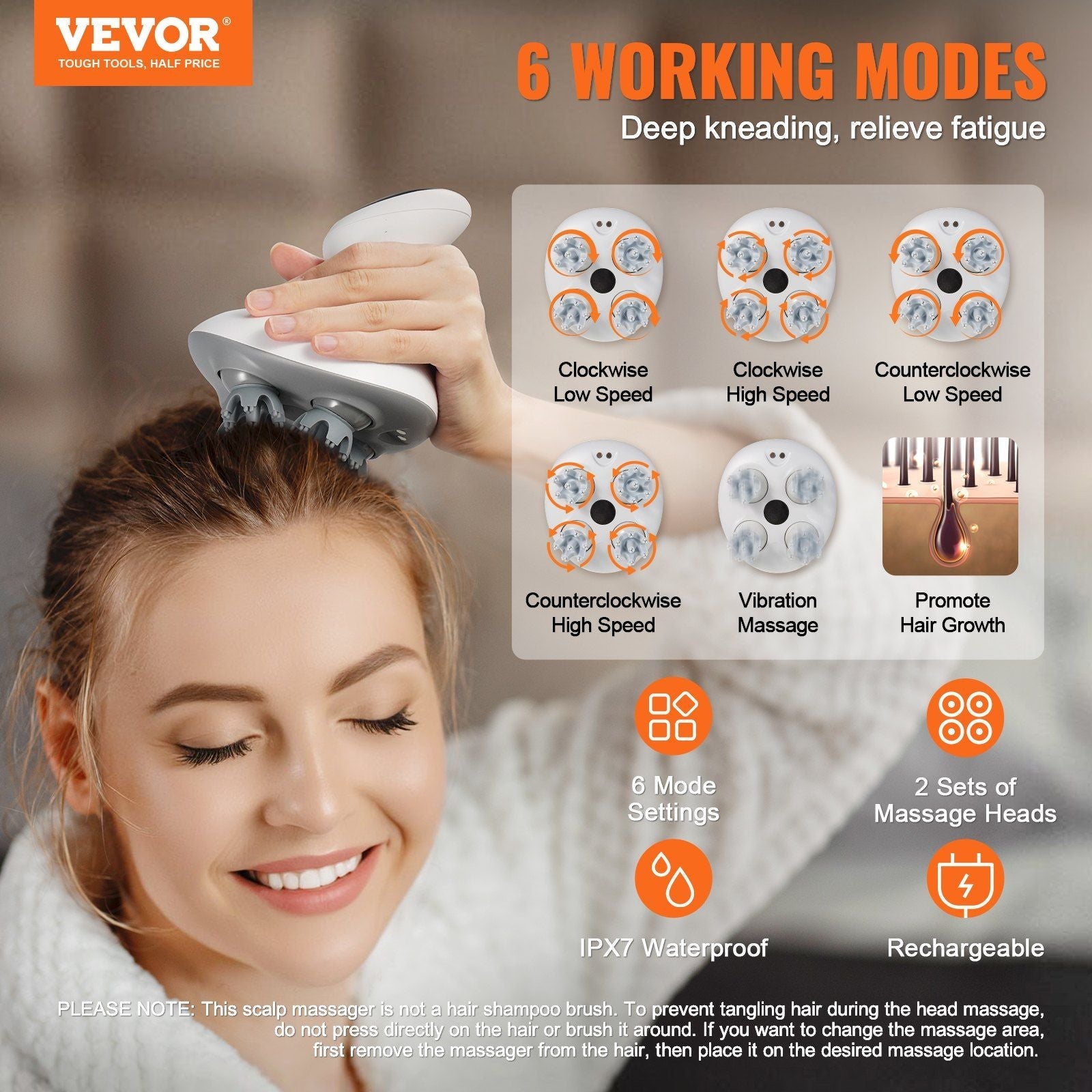 Rechargeable VEVOR Electric Scalp Massager for Hair Growth & Stress Relief, IPX7 Waterproof Design, 8 Removable Heads, Perfect Gift for Mom or Dad