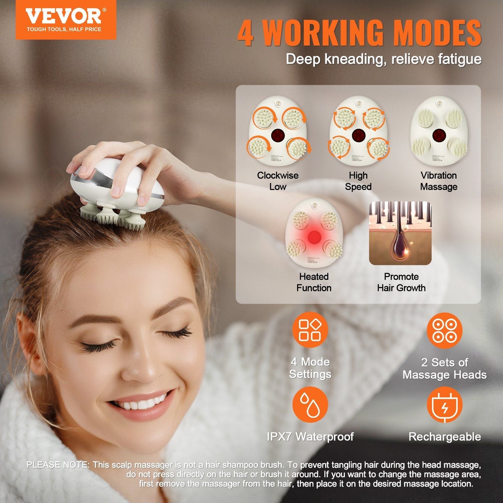 Rechargeable VEVOR Electric Scalp Massager with Heat - Waterproof Head Massager for Hair Growth & Stress Relief