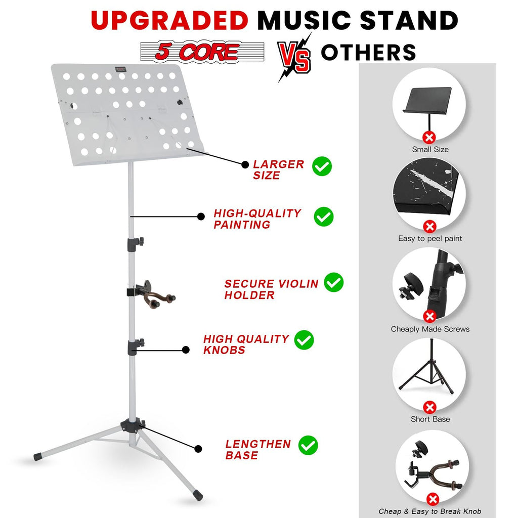 5 Core Music Stand For Sheet Music Height Adjustable Portable Folding Atril Para Partituras w Light Clip for Guitar Players Violinists Cellists Pianists - MUS FLD HD ACC WH