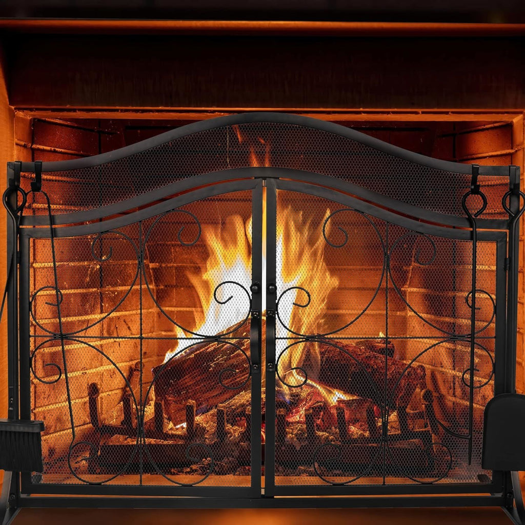 Fireplace Screen,  Metal Fire Place Cover Two-Doors Large Flat Guard Screens, Baby Safe Spark Guard Protector Wood Burning Stove Decorative Accessories