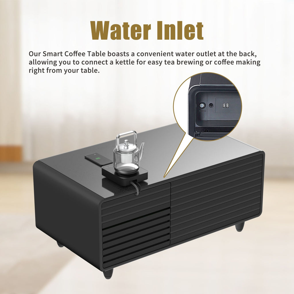 Modern Smart mini Coffee Table with Built in Fridge;  Outlet protection; Wireless charging module; Mechanical temperature control; Power socket; USB interface And power interface.