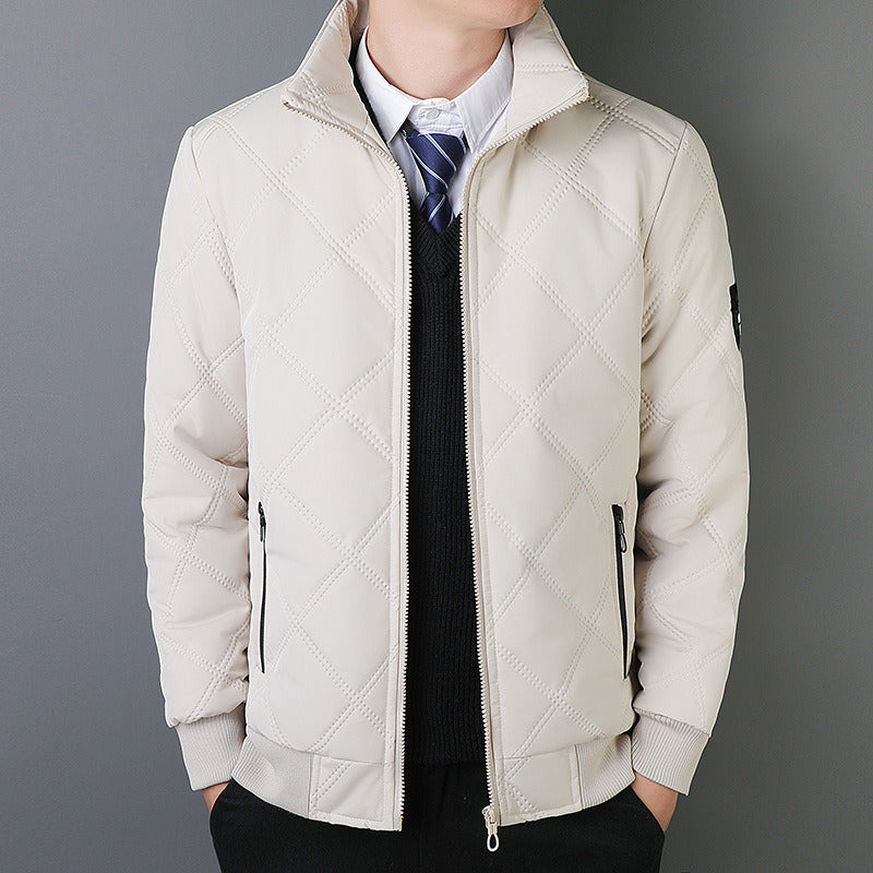 Cotton men's new autumn and winter stand-up collar with fleece diamond plaid warm warm cotton jacket