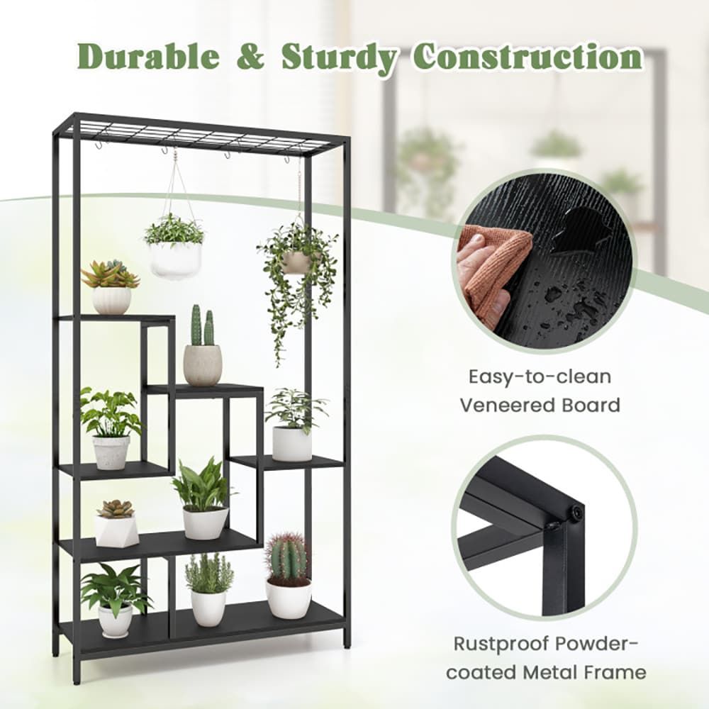 6-Tier Tall Plant Stand 71 Inch Metal Indoor Plant Shelf with 10 Hanging Hooks