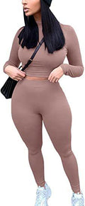 2 Piece Outfits Sexy Bodycon Long Sleeve Crop Top with Long Pants Tracksuit Set