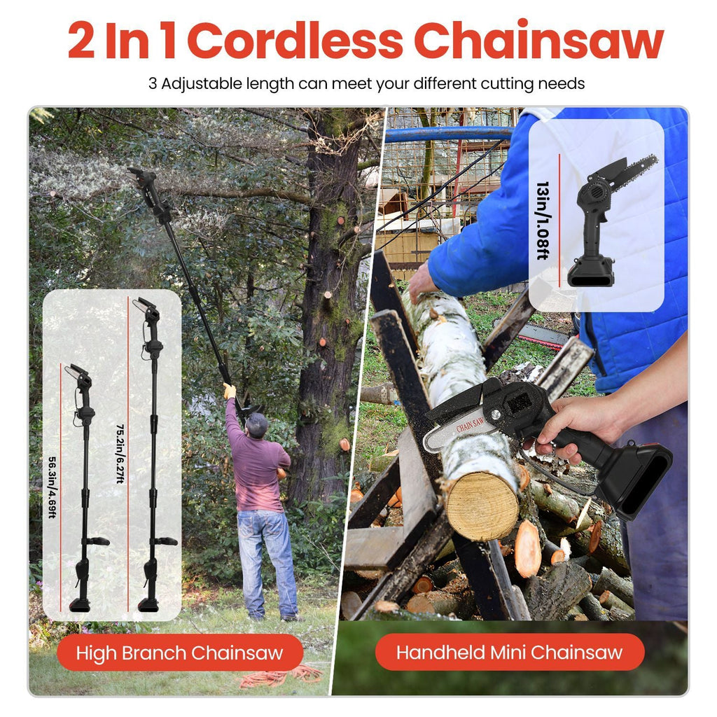 3-in-1 Cordless Electric Pole Saw & Mini Chainsaw & Grass Trimmer Kit with Adjustable Length 2Pcs 21V 1500mAh Batteries 4in/6in Chains Saw Blade 5Pcs Plastic Blades