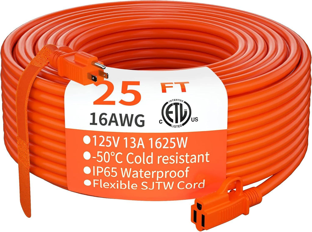 Indoor Outdoor Extension Cord 25 ft Waterproof, 16/3 Gauge Flexible Cold-Resistant Appliance Extension Cord Outside, 13A 1625W 16AWG SJTW, 3 Prong Electric Cable Orange, ETL