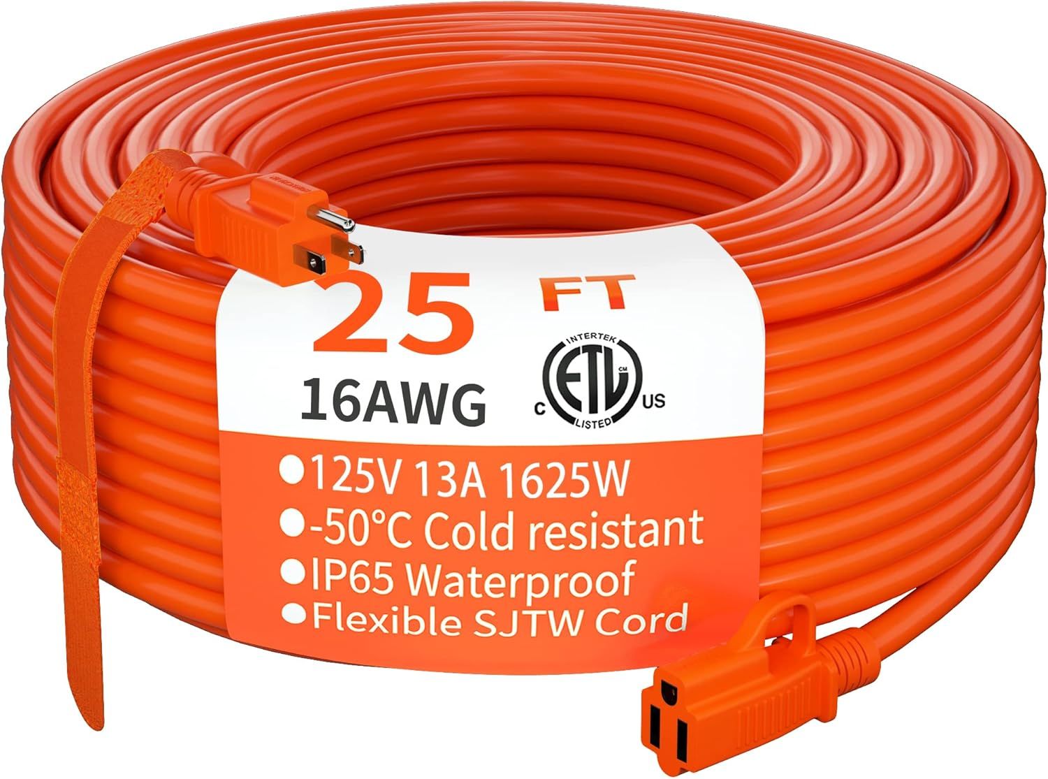 Indoor Outdoor Extension Cord 25 ft Waterproof, 16/3 Gauge Flexible Cold-Resistant Appliance Extension Cord Outside, 13A 1625W 16AWG SJTW, 3 Prong Electric Cable Orange, ETL