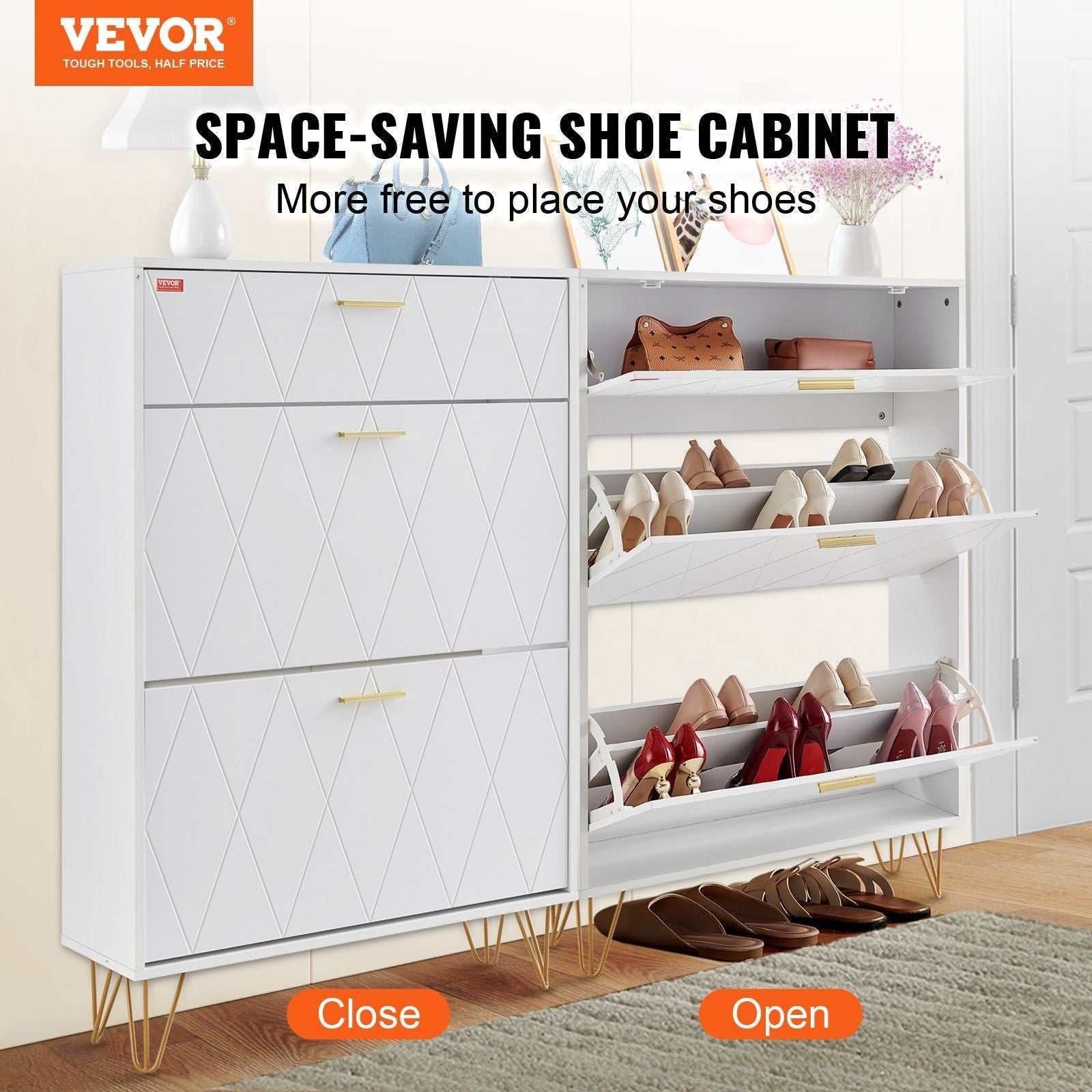 VEVOR Shoe Cabinet with 3 Flip Drawers, Shoe Storage Cabinet for Entryway, Free Standing Shoe Storage Organizer for Heels, Boots, Slippers in Hallway, Living Room