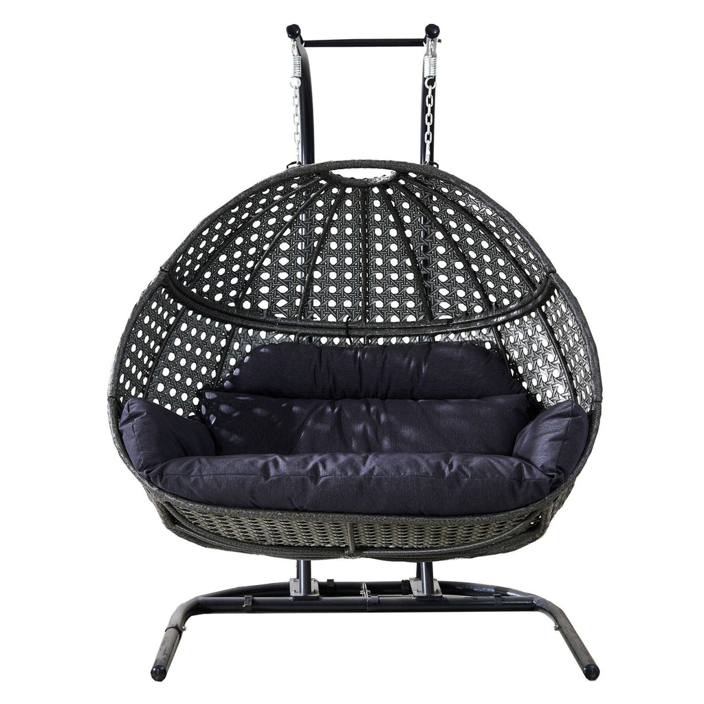 Double Wicker Swing Egg Chair,  All-Weather Rattan Hanging Hammock Chair for Home Bedroom Patio Balcony,Black&Grey