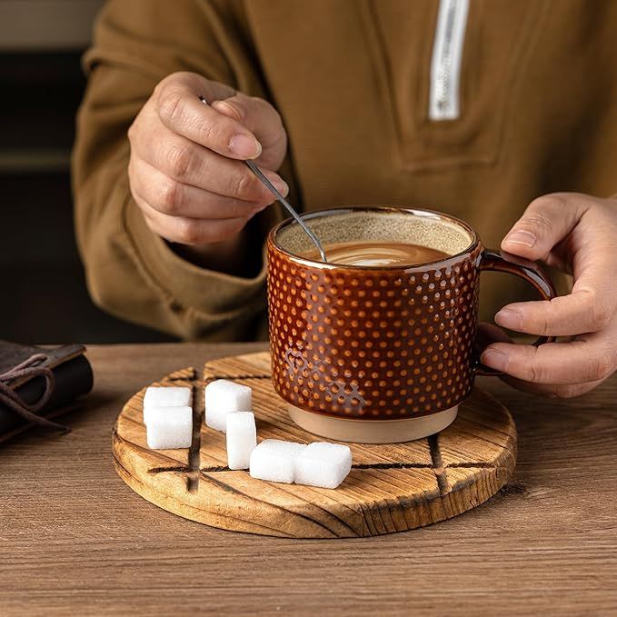 12 OZ Stackable Coffee Mugs, Ceramic Coffee Cups with Texture Patterns for Man,Woman,Dad,Mom, Modern Mugs Set of 4 for Latte/Cappuccino/Cocoa. Dishwasher&Microwave Safe