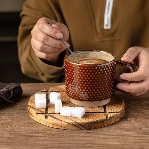 12 OZ Stackable Coffee Mugs, Ceramic Coffee Cups with Texture Patterns for Man,Woman,Dad,Mom, Modern Mugs Set of 4 for Latte/Cappuccino/Cocoa. Dishwasher&Microwave Safe