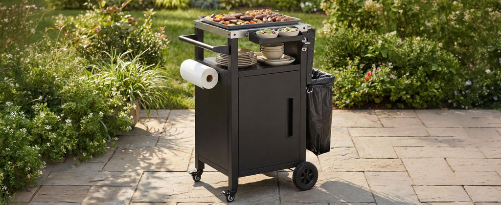 K&K 33.9" Outdoor Grill Cart with Drop Leaf, Outdoor Metal Bar Cart Pizza Oven Table with Wheels, Stainless Steel Top, Outdoor Kitchen Island with Storage Cabinet & Spice & Paper Rack for BBQ, Waterpr