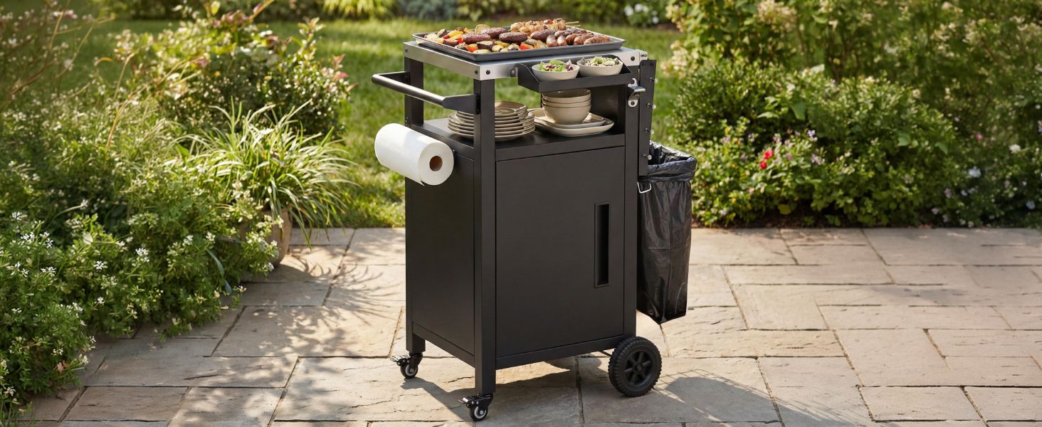 K&K 33.9" Outdoor Grill Cart with Drop Leaf, Outdoor Metal Bar Cart Pizza Oven Table with Wheels, Stainless Steel Top, Outdoor Kitchen Island with Storage Cabinet & Spice & Paper Rack for BBQ, Waterpr