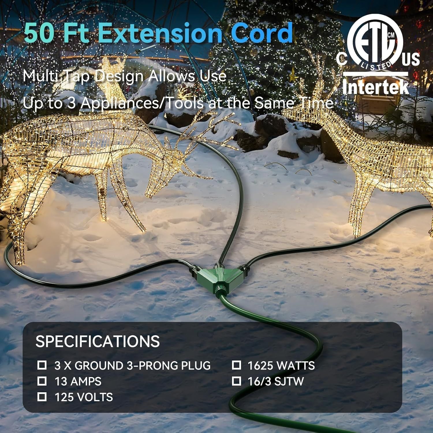 50 Ft Extension Cord with 3 Outlets, UL Listed 16/3 SJTW 3-Wire Grounded, 13A 125V 1625W for Indoor/Outdoor Use - Green